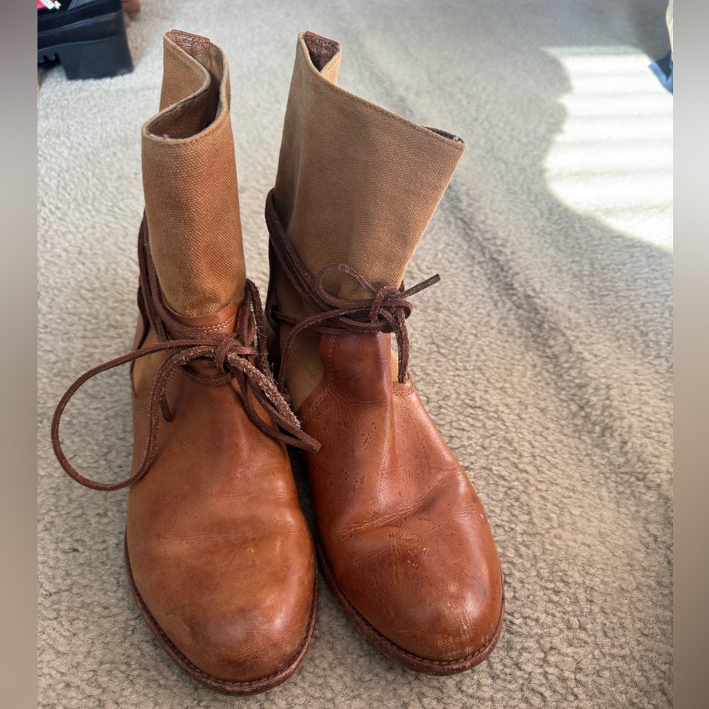 Patricia Nash Two-Tone Brown Leather and Tan Canvas Lace-Up Boots